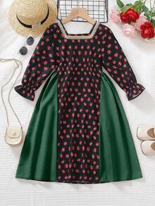 1pc Young Girl Red Square Collar Strawberry Floral A-Line Dress, Ruffle Flare Sleeve, Flattering Silhouette, Suitable For Holidays, Travel, Family Gatherings, Back To School Girls Midi Dress With Sleeves Girls Spring And Autumn Dress Kids Jacquard Dresses Girls Modest Dress - Dark Green - View 4