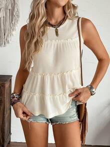LanaWest Loose Fit Women's Solid Color Round Neck Ruffle Patchwork Tank Top, Suitable For Vacation, Office, Daily Wear, Western Style, Bohemian Style, Babydoll - Apricot - View 5