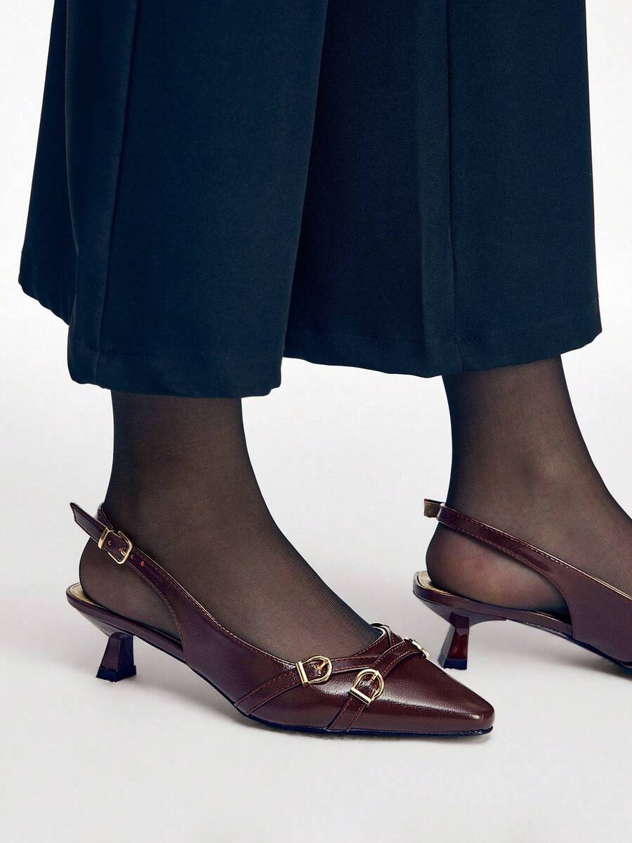 Mnmlis Sepatu Wanita Musim Semi Model Ujung Persegi Kecil Hak Kitten Warna Burgundy, Sepatu Mewah Serbaguna, Cocok untuk Hari Valentine - Burgundy - View 1