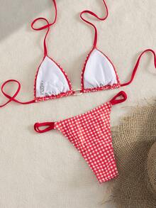 Swim Mod Red And White Striped,Summer,70s Retro,Beach Party,Holiday Bikini Set Plaid Print Oval Accessory Halter Swimwear Top And Crossed Rope Bottom 2pcs - Multicolor - View 2
