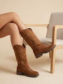 Botas vaqueras bordadas para mujer, de media caña y punta redonda, estilo vaquera, a la moda. - Marrón - Ver 4