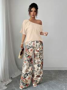 SHEIN VCAY 女士纯色不对称领短袖上衣和印花阔腿裤休闲两件套 - 杏色 - 查看 4