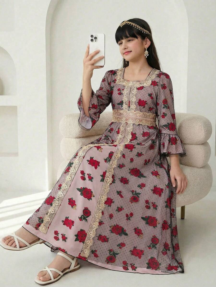 SHEIN Tween Girl Vintage Square Collar Lace Patchwork Sheer Floral Print Flare Sleeve Waist Maxi Dress - Elegant And Fashionable Golden Lace Decor Highlights Graceful Elegant; An Exquisite Design Inspired By Middle Eastern Style Dress Maxi Dresses For Women Floral Print Maxi Dress Modest Full Sleeve Dress - Multicolor - View 1