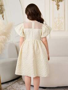 SHEIN Girls' Elegant Jacquard Bow Decor Mesh Patchwork Round Neck Beaded Short Sleeve Dress, Suitable For Casual Outings, Gatherings, And Party Occasions - Apricot - View 2