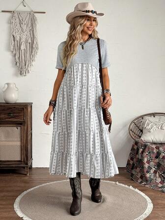  Vestido largo de mujer LanaWest con bloque de color impreso y capas, vestido casual de moda de verano adecuado para vacaciones, vestido de estilo bohemio para resort