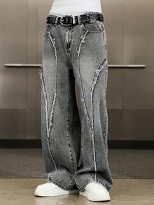Manfinity EMRG Men's Street Fashion Distressed Patchwork Vintage Washed Wide Leg Pants - Grey - View 4