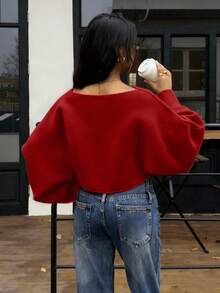 Lumivelle 2025 New Fashion Loose Casual Minimalist One-Piece Design Knitted Cover Up Sweater Red Sweater Crop Sweater Bell Sleeves Wine Red Top Dark Red Top - Burgundy - View 2