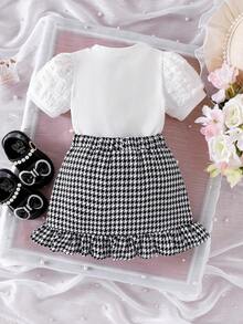 SHEIN Playful Pals 女童象牙色针织泡泡袖碎花上衣和千鸟格半裙两件套，优雅时尚夏季套装 - 粉色 - 查看 3