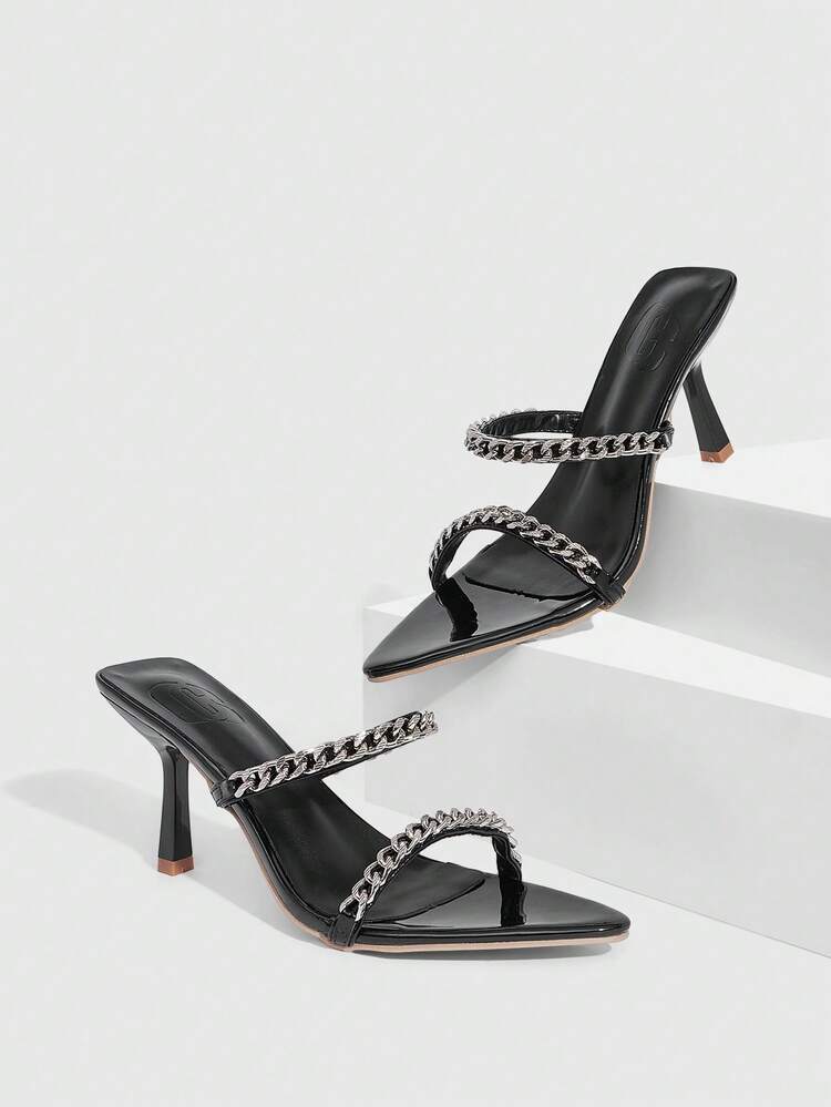 CUCCOO SZL Women's Black High Heel Sandals With Metal Chain Decor Prom Heels