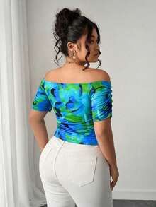 Elenzga Camiseta de manga corta con hombros descubiertos, fruncida y con efecto tie-dye, talla grande - Multicolor - Ver 2
