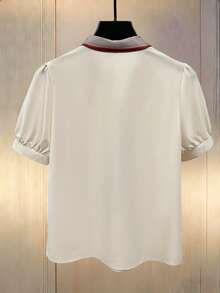 Franclia Apricot Short Puff Sleeve Blouse Elegant Graphic Top For Women With Pearl Chain Knot - Apricot - View 2