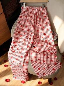 Franclia Women's French Style Casual Slimming Red Plaid Heart Print Wide Leg High Waist Drawstring Straight Pants, Spring/Summer Red Heart Plaid Pajama Pants Red And White Checkered Pants Pajama Pants Red Gingham Pants Checkered Pants