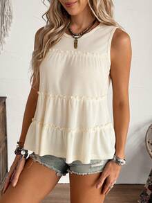 LanaWest Loose Fit Women's Solid Color Round Neck Ruffle Patchwork Tank Top, Suitable For Vacation, Office, Daily Wear, Western Style, Bohemian Style, Babydoll - Apricot - View 7