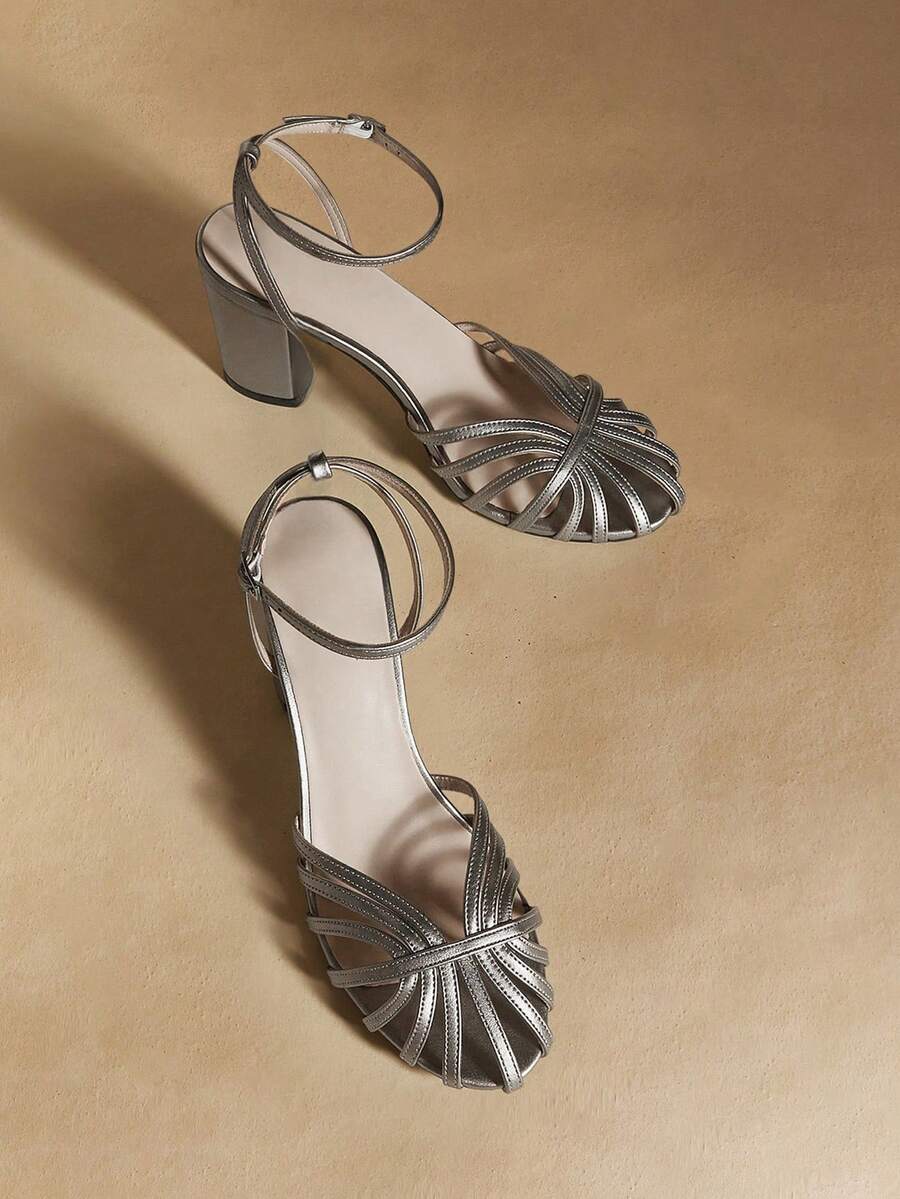 Rosivie Giày sandal cao gót nữ mũi tròn, gót dày, màu cà phê, có khóa cài, kiểu dáng rỗng, đan lát thanh lịch. - Xám - Xem 1