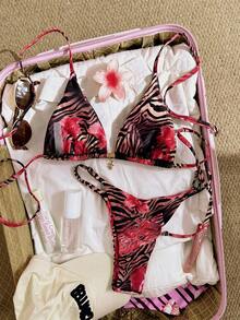 Swim Vcay Multicolor Random Print Halter Thongs Bikini Set For Women Fabric With Tie Back Details Regular Fit - Multicolor - View 2