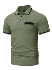 Manfinity Homme Men's Half-Placket Raglan Short Sleeve Casual Contrast Trim Polo Shirt, Summer - Green - View 4