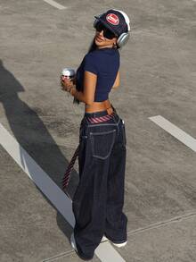 Rina Fox Áo thun crop top ôm dáng, họa tiết hoa ly màu hồng, phong cách thường ngày. - Màu xanh lam - Xem 6