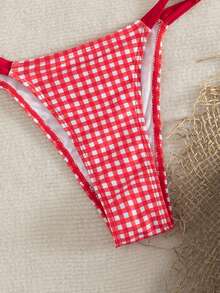 Swim Mod Red And White Striped,Summer,70s Retro,Beach Party,Holiday Bikini Set Plaid Print Oval Accessory Halter Swimwear Top And Crossed Rope Bottom 2pcs - Multicolor - View 5
