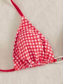 Swim Mod Red And White Striped,Summer,70s Retro,Beach Party,Holiday Bikini Set Plaid Print Oval Accessory Halter Swimwear Top And Crossed Rope Bottom 2pcs - Multicolor - View 4