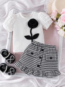 SHEIN Playful Pals 女童象牙色针织泡泡袖碎花上衣和千鸟格半裙两件套，优雅时尚夏季套装 - 粉色 - 查看 8