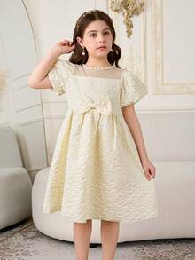 SHEIN Girls' Elegant Jacquard Bow Decor Mesh Patchwork Round Neck Beaded Short Sleeve Dress, Suitable For Casual Outings, Gatherings, And Party Occasions - Apricot - View 3