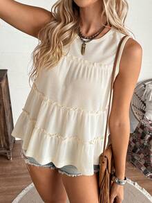 LanaWest Loose Fit Women's Solid Color Round Neck Ruffle Patchwork Tank Top, Suitable For Vacation, Office, Daily Wear, Western Style, Bohemian Style, Babydoll - Apricot - View 3