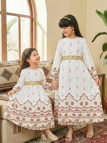 Tween Girl Floral Print Flare Sleeve Dress With Waist Tie And Ruffle Hem - White - View 4