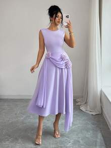 Rafferiza Elegant Waist-Cinched Round Neck Sleeveless Chiffon Patchwork Floral Decor Midi Dress For Women, Purple, Spring/Summer - Mauve Purple - View 6