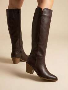 Bota hasta la rodilla elegante diseño de punta cuadrada tacón de cono de bloqueo, créemeles lateral. - Camel - Ver 2