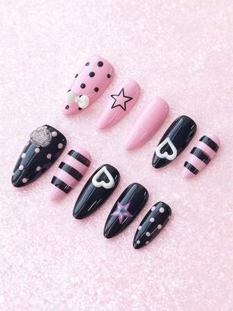 Anime 10 pezzi Unghie finte di alta qualità con fiocco carino, nota musicale, elemento a stella, realizzate a mano + 3 pezzi di adesivo biadesivo, Adesivi per arte di unghie rimovibili con catena di strass stile francese Y2K a pois, adatti per vacanze, feste, ballo e uso quotidiano