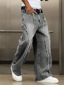 Manfinity EMRG Men's Street Fashion Distressed Patchwork Vintage Washed Wide Leg Pants - Grey - View 5