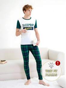 Bộ đồ mặc nhà mùa xuân/hè cho bé trai tuổi teen, gồm áo thun ngắn tay cổ tròn màu mơ in chữ tiếng Anh đơn giản và quần skinny kẻ caro xanh lá cây, chất liệu co giãn mềm mại thoải mái. - màu xanh lá - Xem 7