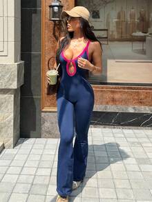 Easithlete Contrast Trim Sleeveless Hollow Out Fitted Sports Jumpsuit - Navy Blue - View 5