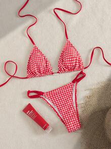 Swim Mod Red And White Striped,Summer,70s Retro,Beach Party,Holiday Bikini Set Plaid Print Oval Accessory Halter Swimwear Top And Crossed Rope Bottom 2pcs - Multicolor - View 3
