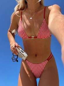 Swim Mod Red And White Striped,Summer,70s Retro,Beach Party,Holiday Bikini Set Plaid Print Oval Accessory Halter Swimwear Top And Crossed Rope Bottom 2pcs - Multicolor - View 1