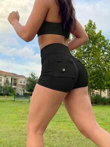 High Waist Cargo Sports Shorts For Women With Pockets Butt Lifting Yoga Gym Running Tight Shorts - Black - View 6