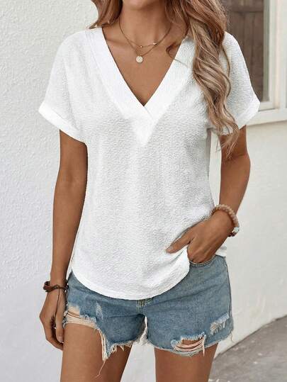 SHEIN LUNE V-Neck Solid Color Casual Loose Summer T-Shirt