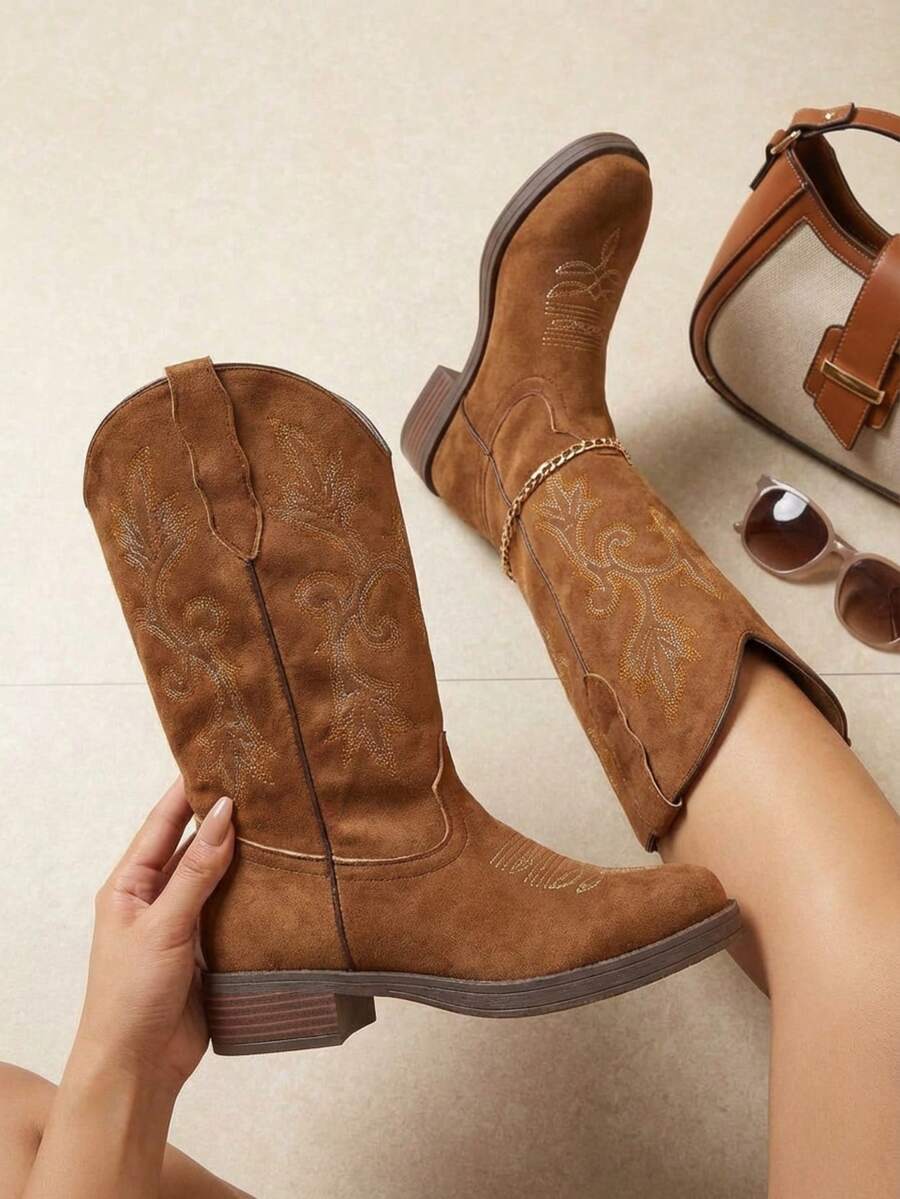 Botas vaqueras bordadas para mujer, de media caña y punta redonda, estilo vaquera, a la moda. - Marrón - Ver 1