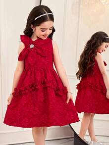 SHEIN Elegant Red Satin Traditional Wedding Dress For Girls,Sleeveless 3D Floral Jacquard Party Frock With Rhinestone Bow And Tiered Ruffle Hem For Toddler - Blue and White - View 7