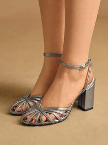 Rosivie Giày sandal cao gót nữ mũi tròn, gót dày, màu cà phê, có khóa cài, kiểu dáng rỗng, đan lát thanh lịch. - Xám - Xem 6