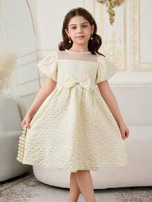 SHEIN Girls' Elegant Jacquard Bow Decor Mesh Patchwork Round Neck Beaded Short Sleeve Dress, Suitable For Casual Outings, Gatherings, And Party Occasions - Apricot - View 6