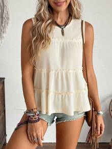 LanaWest Loose Fit Women's Solid Color Round Neck Ruffle Patchwork Tank Top, Suitable For Vacation, Office, Daily Wear, Western Style, Bohemian Style, Babydoll - Apricot - View 4