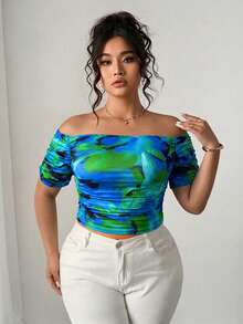 Elenzga Camiseta de manga corta con hombros descubiertos, fruncida y con efecto tie-dye, talla grande - Multicolor - Ver 6