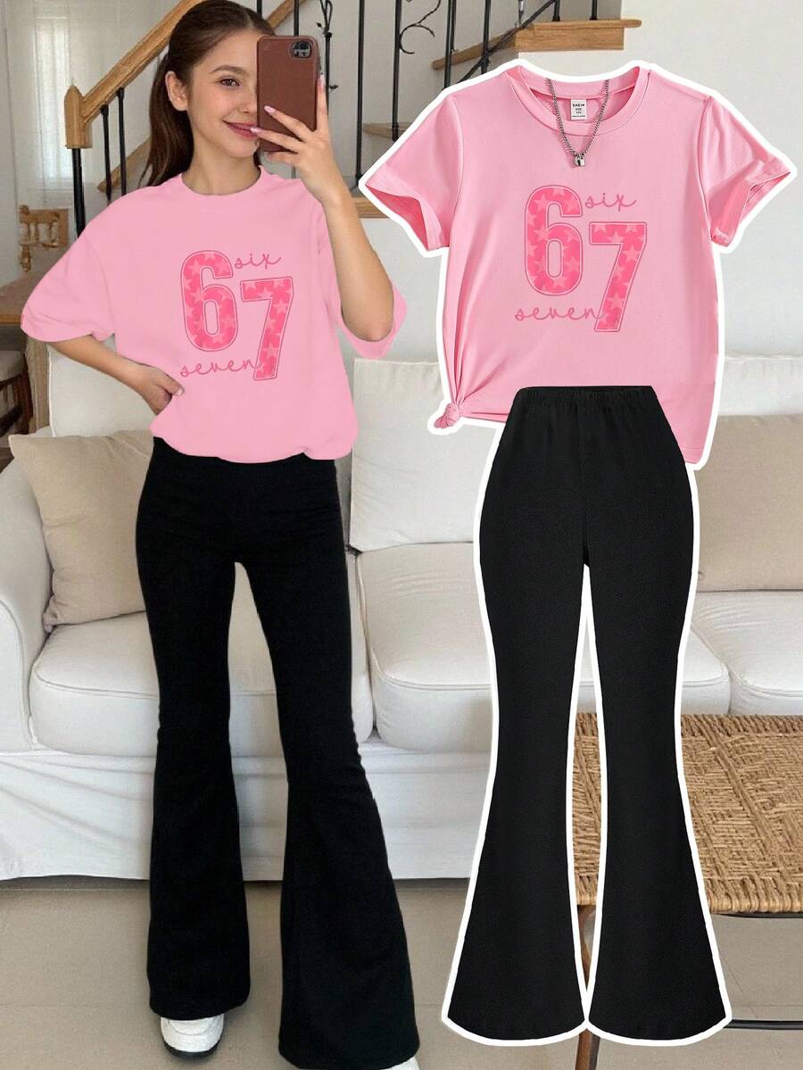 2件套少女粉色圆领短袖休闲T恤和喇叭裤套装,印有67号图案,适合7-8岁儿童,圆领运动服,时尚百搭,居家日常穿着皆宜。 - 白色 - 查看 1