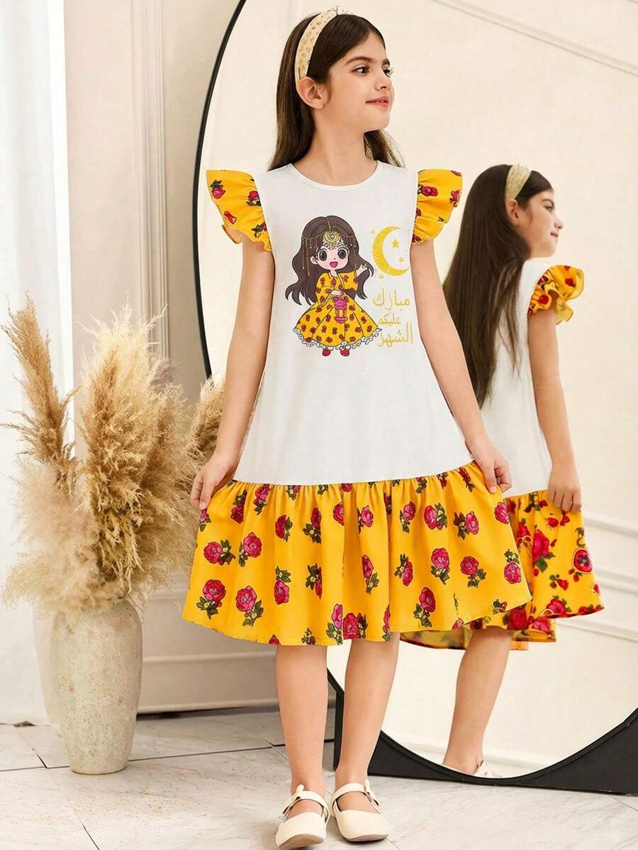 SHEIN 少女星月可爱卡通图案泡泡袖甜美荷叶边短袖公主裙，适合春夏日常穿着、节日庆典、居家、家庭聚会及特殊场合。 - 白色 - 查看 1