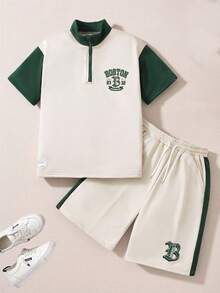 Casuvi Kids 2pcs/Set Casual Sports Contrast Color Stand Collar Loose T-Shirt & Shorts Set For Teenage Boys, Cream White Top With Green Sleeves & Collar, Boston Graphic, Cream White & Green Shorts With Boston Graphic Boys Summer Short Sets Boy Sport Wear 2 Piece Set Summer Boys 2 Pieces Set - Multicolor - View 4
