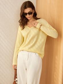 Lymera 纯色落肩长袖罗纹休闲宽松T恤 - 黃色 - 查看 6