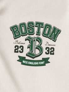 Casuvi Kids 2pcs/Set Casual Sports Contrast Color Stand Collar Loose T-Shirt & Shorts Set For Teenage Boys, Cream White Top With Green Sleeves & Collar, Boston Graphic, Cream White & Green Shorts With Boston Graphic Boys Summer Short Sets Boy Sport Wear 2 Piece Set Summer Boys 2 Pieces Set - Multicolor - View 6