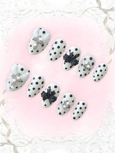 Anime 10 Stück süße Schleifen-Musik-Noten-Stern-Elemente hochwertige handgefertigte Kunstnägel + 3 Stück doppelseitiger Kleber, Y2K französischer Stil Strass-Kette Polka-Punkt abnehmbare Nail-Art-Aufkleber, geeignet für Feiertage, Partys, Tanzen und den täglichen Gebrauch