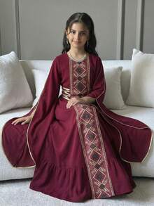 SHEIN Robe patineuse pour préadolescentes avec manches évasées, taille nouée, col rond, imprimé rétro patchwork et volants à l'ourlet - Rouge foncé - Voir 6